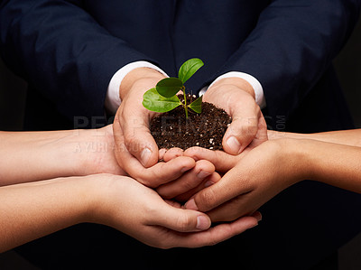 Buy stock photo Shot of a group of hands holding a pile of soil with a plant in