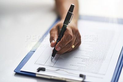 Buy stock photo Checklist, hand and writing with business person in office closeup for assessment, survey or questionnaire. Clipboard, desk and feedback with employee in workplace to answer question on paper