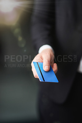 Buy stock photo Credit card, hand and businessman with payment for shopping on sale, discount or promotion. Finance, commerce and closeup of professional male customer with retail purchase or service for checkout.