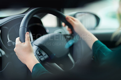 Buy stock photo Hands, travel and driving car with steering wheel for vacation, holiday or trip in motor vehicle. Closeup, dashboard and person in transport on journey for adventure, commute or speed in automobile