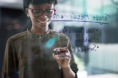 Buy stock photo Glass, planning and smile with business black woman in office for brainstorm, mindmap or writing. Glasses, smile and window with happy young employee in workplace for guide to target new clients