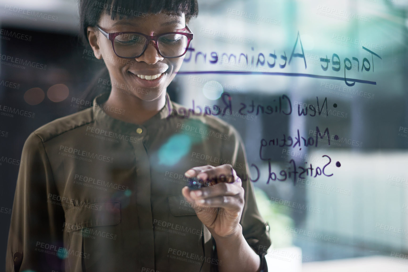 Buy stock photo Glass, planning and smile with business black woman in office for brainstorm, mindmap or writing. Glasses, smile and window with happy young employee in workplace for guide to target new clients