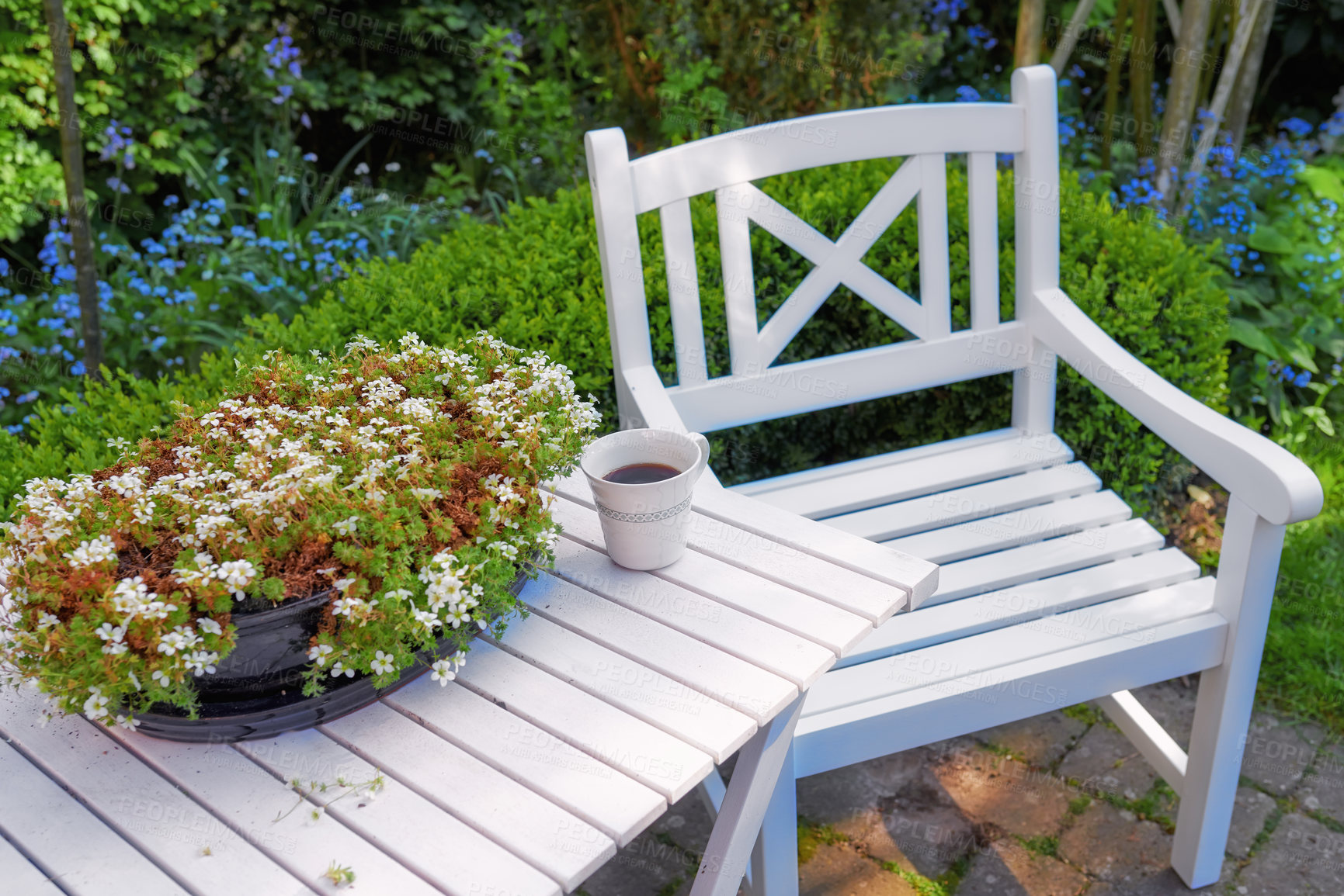 Buy stock photo Cozy secluded area for coffee and reading. High angle closeup of wooden white patio furniture in a garden outdoors. Private location to relax and enjoy alone time in the warm summer weather outside