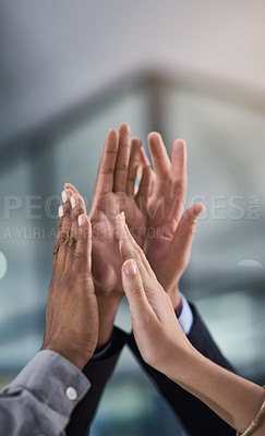 Buy stock photo Business people, hands and high five for teamwork, success or winning together at office. Group touching hand in team win, victory or achievement for company goals, unity or solidarity at workplace