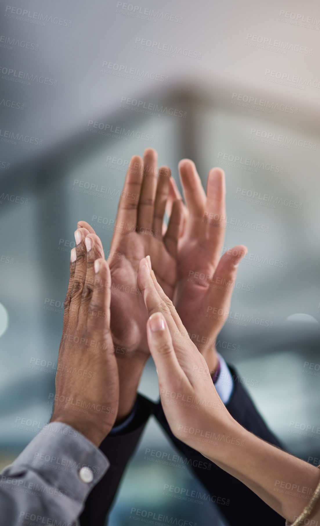 Buy stock photo Business people, hands and high five for teamwork, success or winning together at office. Group touching hand in team win, victory or achievement for company goals, unity or solidarity at workplace