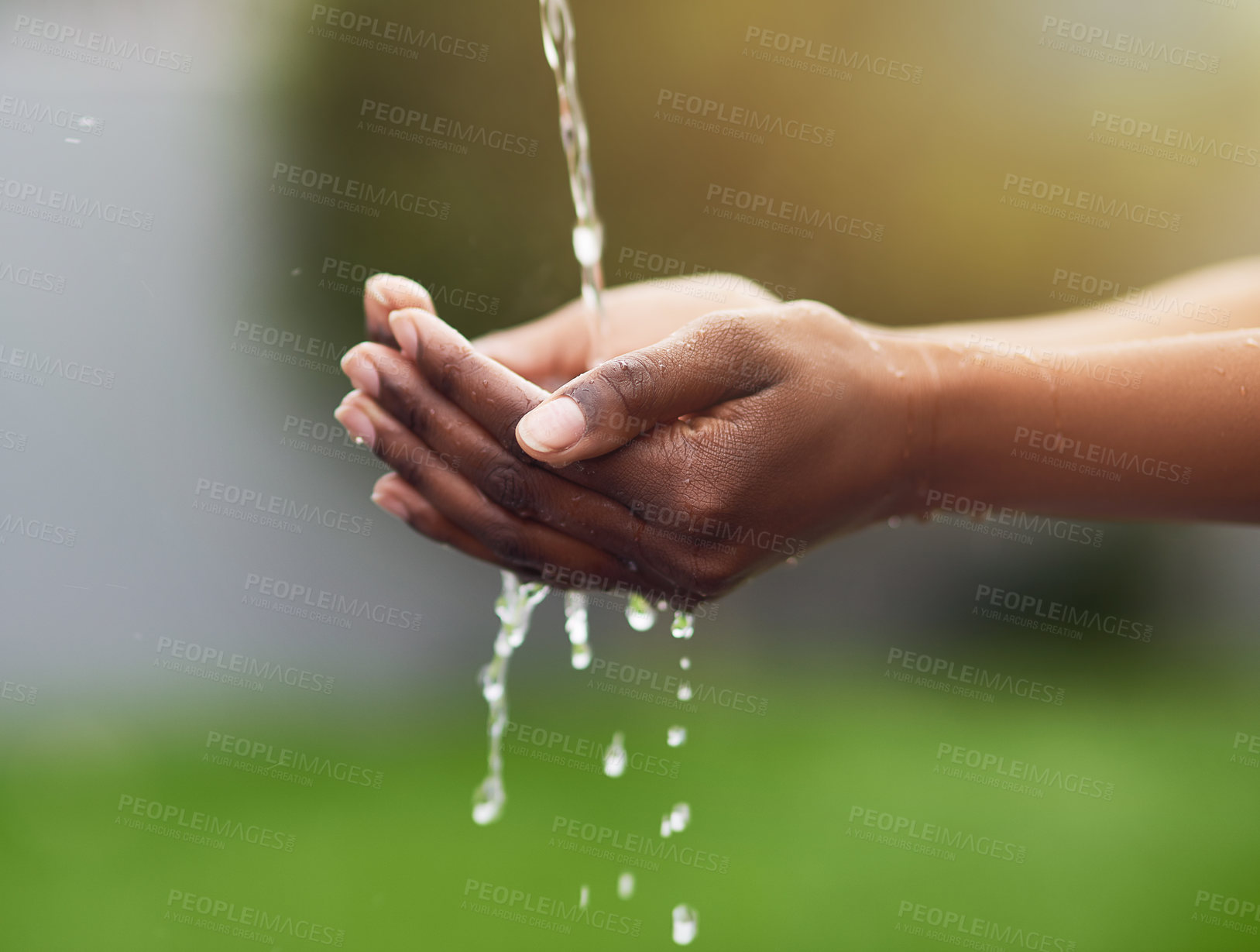 Buy stock photo Woman, washing and hands in outdoor for hygiene with water drops for clean, healthy and wellness environment. Skincare, beauty and nature for care of sustainable, friendly future for hydrotherapy