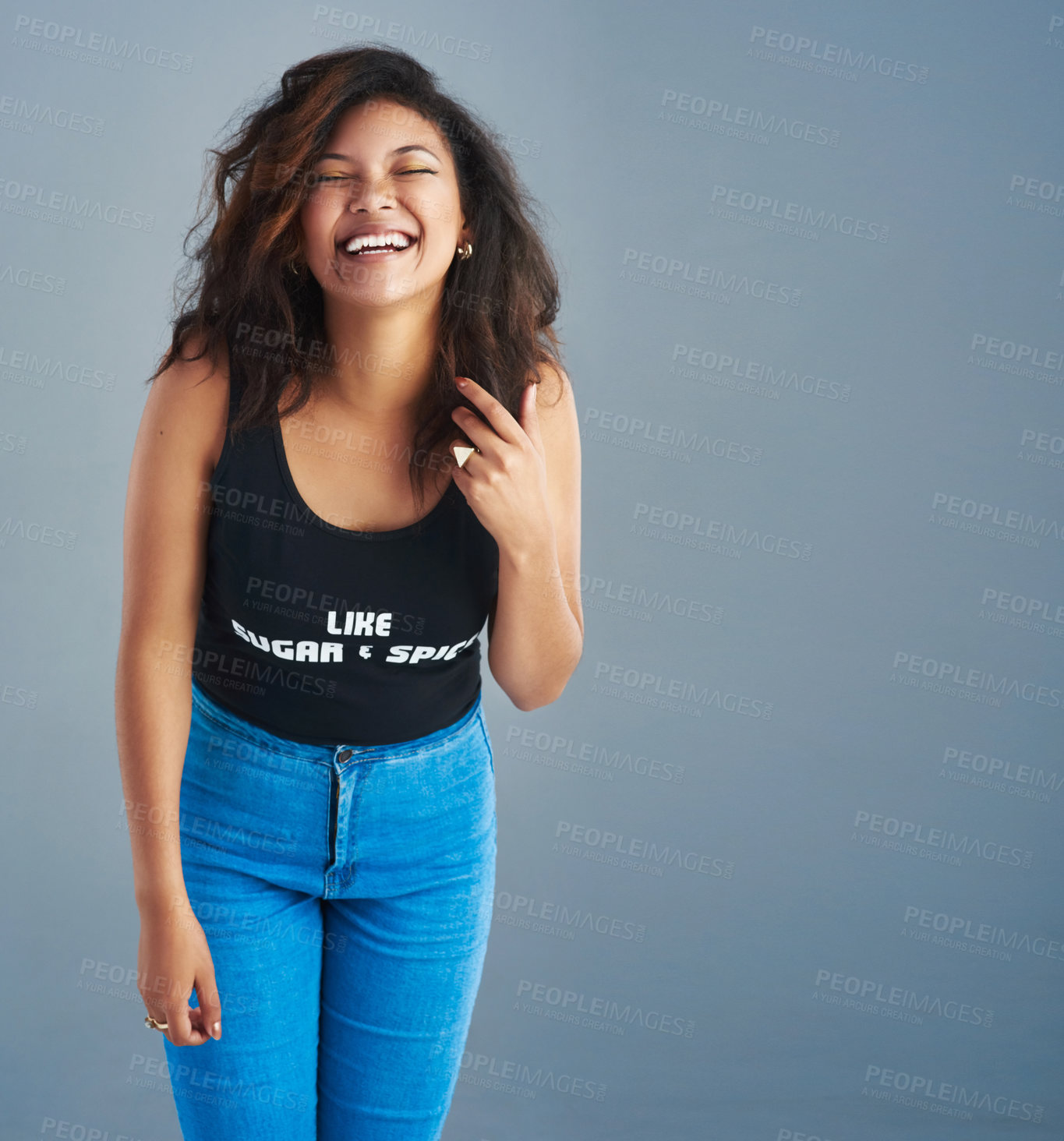 Buy stock photo Girl, laughing and excited humor in studio, confidence and funny comedy on gray background. Female person, happiness and positive energy for comic wellness, goofy joke and freedom on mockup space