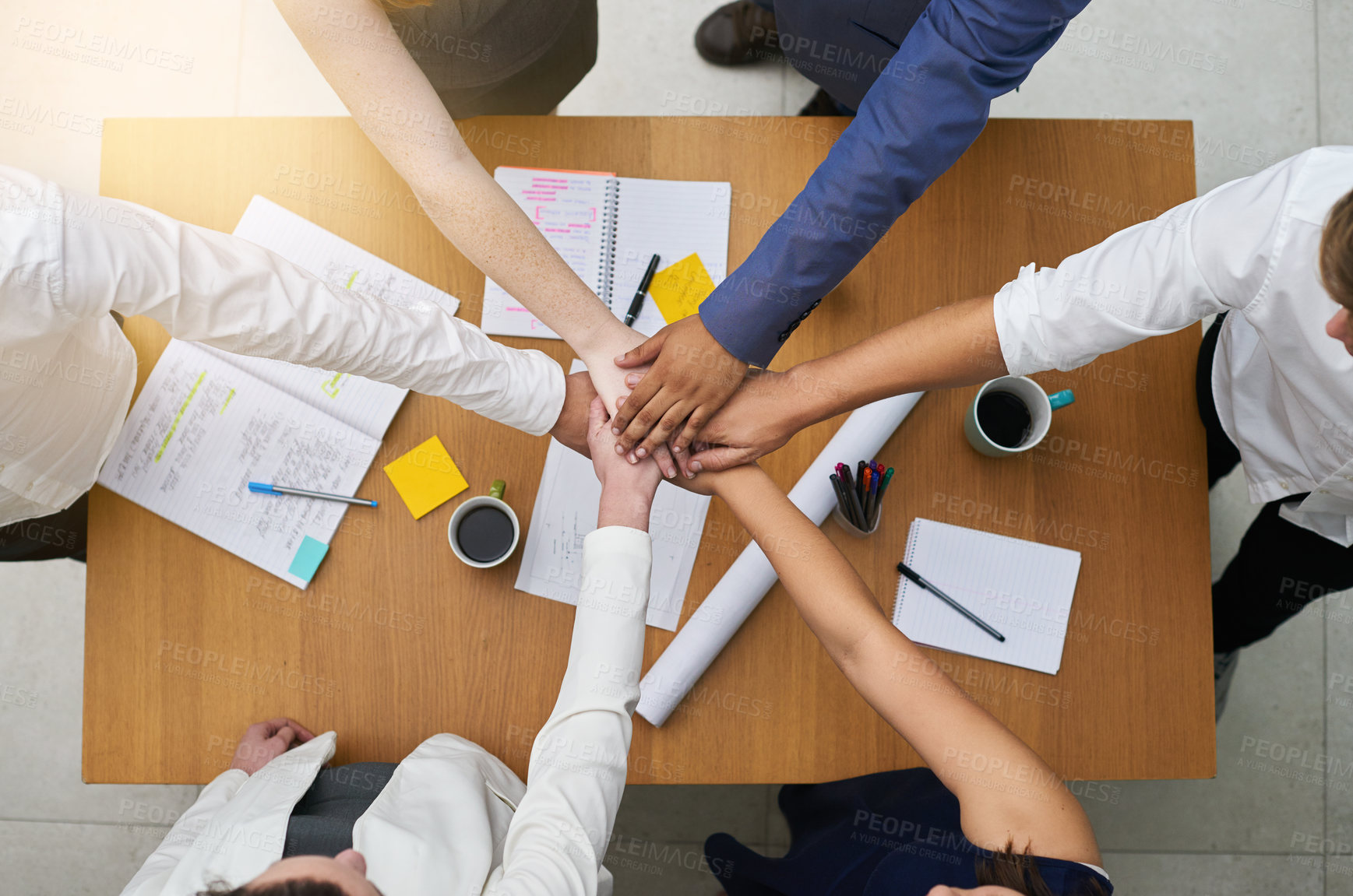 Buy stock photo Teamwork, top view or hands of business people in circle for strategy, corporate community or hope together. Employees, meeting or agreement with paper work on desk for vision, growth or goals