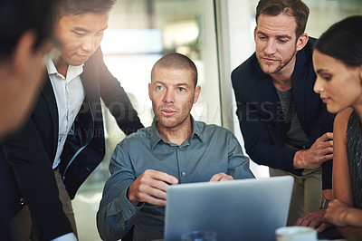 Buy stock photo Team, workshop and man at laptop with manager, opinion and feedback support on sales report. Leadership, development and group of business people in office with advice, strategy plan and mentorship