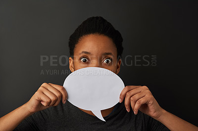 Buy stock photo Portrait, studio and speech bubble with mockup, opinion and sign for voice and review. Person, question and idea for poll, presentation and social media expression or announcement on grey background