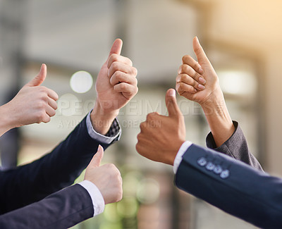 Buy stock photo Thumbs up, business and group with hands in air for success or positive feedback, well done and like. People or team, yes sign and gesture for approval or agreement for project, report and diversity.