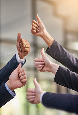 Buy stock photo Thumbs up, business and team with hands in air for success or positive feedback, well done and like. People or group, yes sign and gesture for approval or agreement for project, report and diversity.