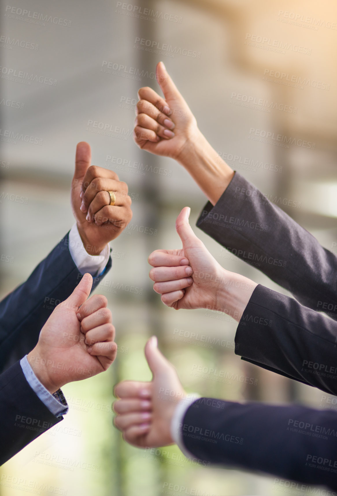 Buy stock photo Thumbs up, business and team with hands in air for success or positive feedback, well done and like. People or group, yes sign and gesture for approval or agreement for project, report and diversity.