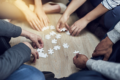 Buy stock photo People, teamwork and hands with puzzle on table for problem solving, interaction and support in strategy. Diversity, team and training with jigsaw for creative integration, learning and collaboration