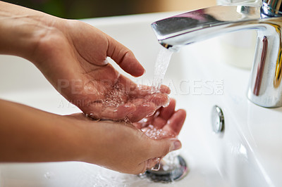 Buy stock photo Water splash, sink or person washing hands in house for cleaning, safety or hygiene at home. Wet, palm or liquid for prevention of dirt, bacteria or germs in bathroom with finger disinfection process