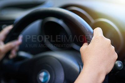 Buy stock photo Hands, steering wheel and driving in car on trip, vehicle and travel on commute or journey. Fingers, closeup of person and automobile to test drive or motor exam for license, navigate and route