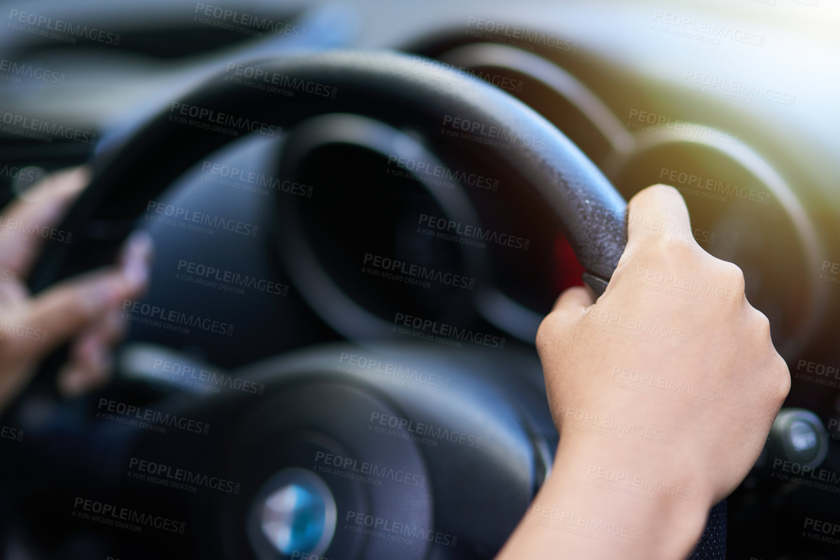 Buy stock photo Hands, steering wheel and driving in car on trip, vehicle and travel on commute or journey. Fingers, closeup of person and automobile to test drive or motor exam for license, navigate and route