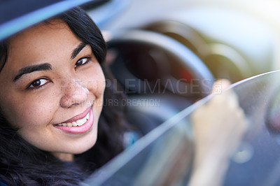 Buy stock photo Woman, portrait and window of car for driving, travel and vehicle for trip or journey and commute. Happy female person, smile and auto mobile for transport, test drive and motor exam for license