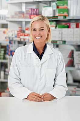 Buy stock photo Pharmacy, smile portrait and medical woman standing ready, confident and proud in pharmaceutical drug store. Doctor, medic professional and healthcare happiness for wellness or pharmacist medicine