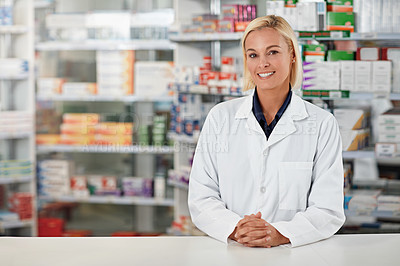 Buy stock photo Pharmacy, pharmacist and woman in portrait for medicine, product shelf and retail or healthcare industry. Trust, help desk and medical professional worker smile for inventory, stock and clinic drugs