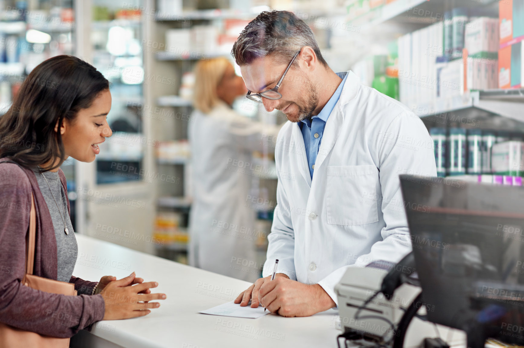 Buy stock photo Patient, doctor and writing prescription at pharmacy for customer medical or healthcare need. Pharmacist helping woman with diagnosis, invoice or receipt at drugstore counter or pharmaceutical clinic
