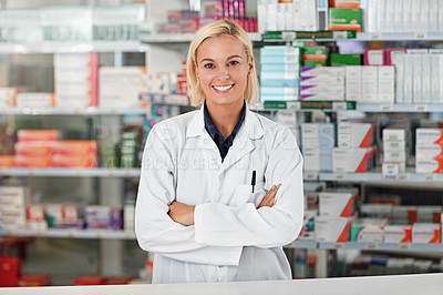 Buy stock photo Doctor, pharmacy worker and happy portrait ready for medical support, wellness industry and standing pharmaceutical drug store. Woman, nurse smile and healthcare medicine or pharmacist headshot 