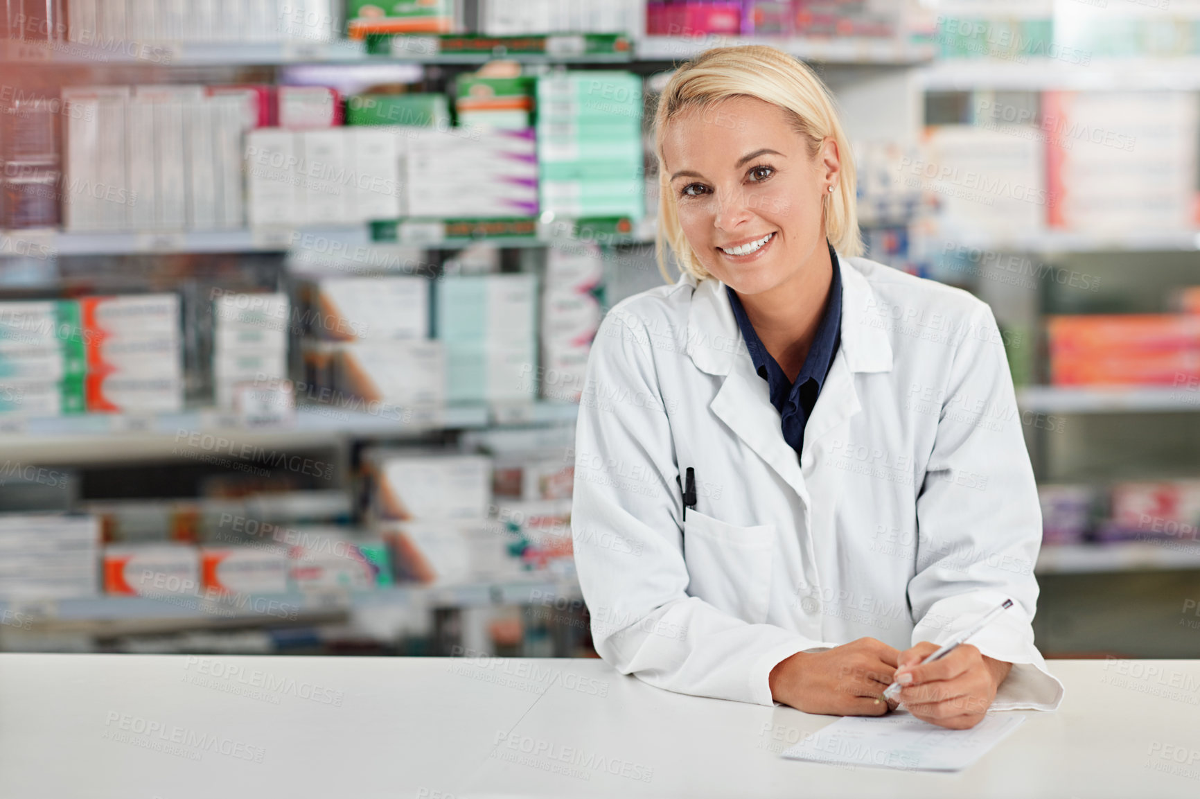 Buy stock photo Pharmacist, happy portrait and medical worker ready for medical support, wellness and standing pharmaceutical drug store. Woman, nurse smile and healthcare medicine industry for pharmacy headshot 