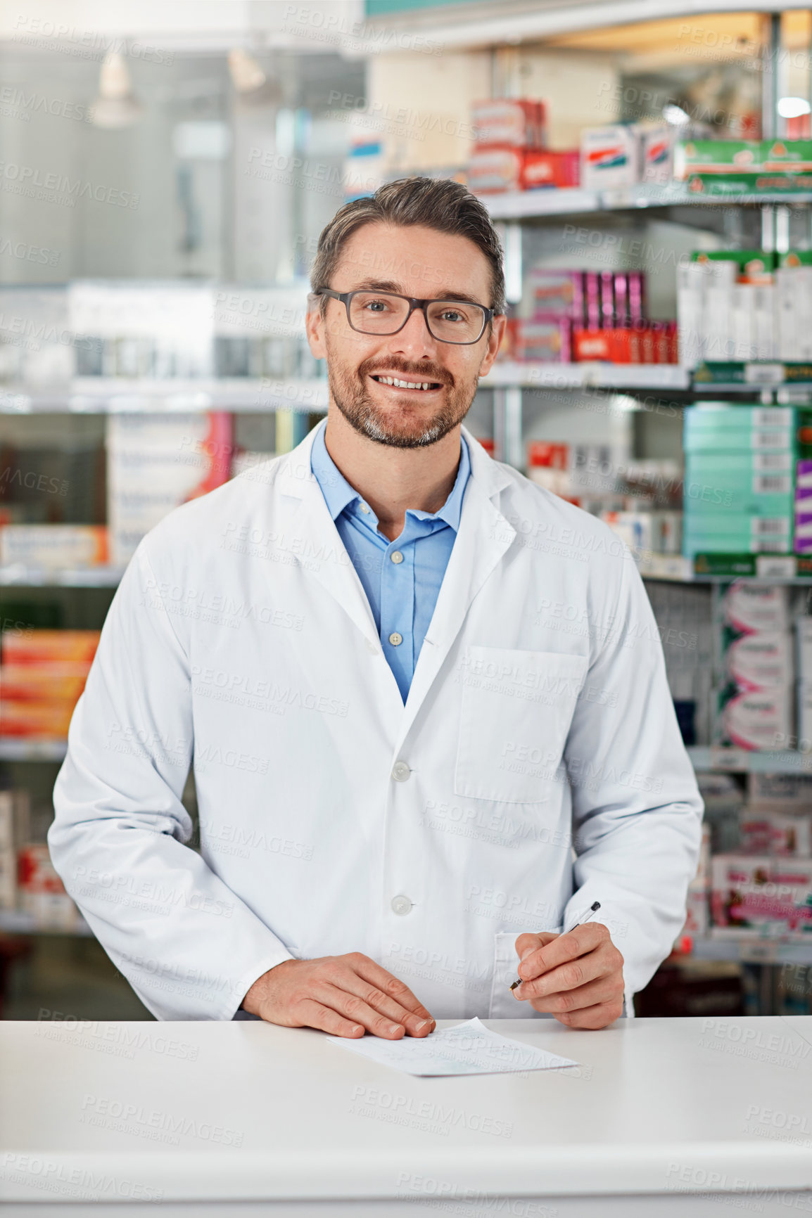 Buy stock photo Pharmacist man, pharmacy portrait and writing medicine, product or healthcare receipt signature for industry trust. Expert, help desk and medical professional worker smile for doctor notes insurance