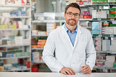 Buy stock photo Pharmacy, writing and pharmacist man in portrait for medicine, product or healthcare insurance document. Trust, help desk and medical professional worker receipt, doctor note or prescription stock