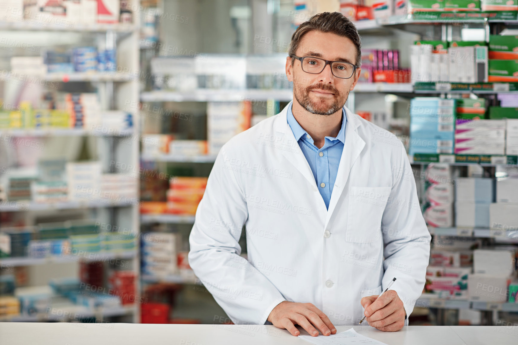 Buy stock photo Pharmacy, writing and pharmacist man in portrait for medicine, product or healthcare insurance document. Trust, help desk and medical professional worker receipt, doctor note or prescription stock