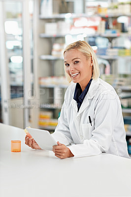 Buy stock photo Pharmacist, woman and portrait with health and tablet for digital info on pills and medicine in pharmacy. Technology, healthcare and medical store with internet research on pharmaceutical drugs