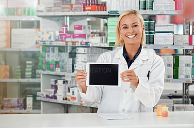 Buy stock photo Tablet screen, pharmacy and pharmacist woman with mockup for medical software, e commerce and online medicine. Digital technology, retail application and portrait of healthcare worker show mock up