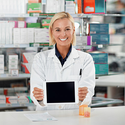 Buy stock photo Medical, tablet screen and portrait with woman pharmacy for mockup space, medicine and show. Advertising, healthcare and inventory with person for marketing, dispensary and pills distribution