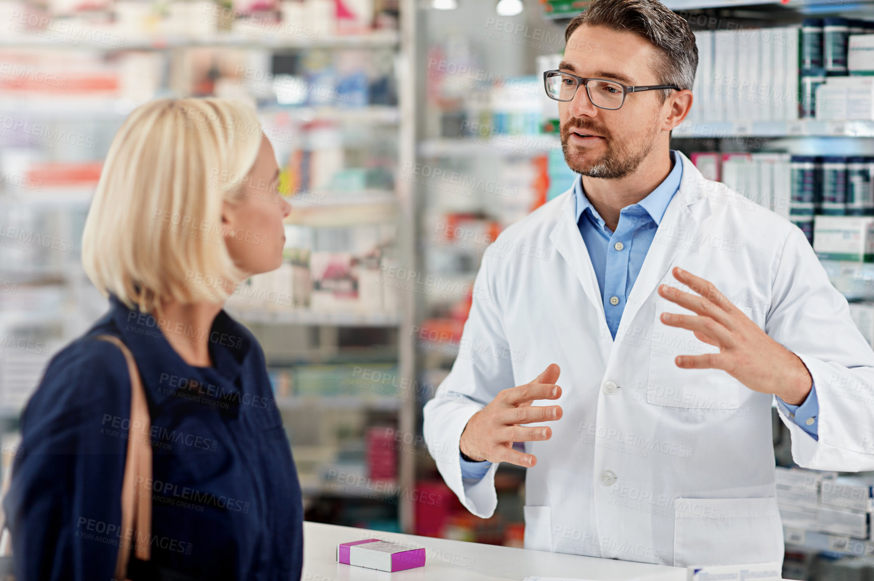 Buy stock photo Pharmacy, medicine and advice with people in store for helping, consulting and healthcare. Supplements, medical and inventory with customer in drugstore for shopping, dispensary or pills distribution