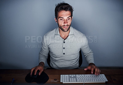 Buy stock photo Man, computer and working at night with keyboard in house for design, software and creative. Web designer, technology and remote work late in home for website, internet and programming with desk
