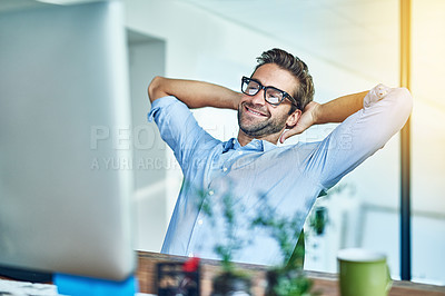 Buy stock photo Man, office and break with smile at desk with relax or happy at work with confidence at table. Journalist, writer and computer with email for connection with pride in modern workplace with glasses