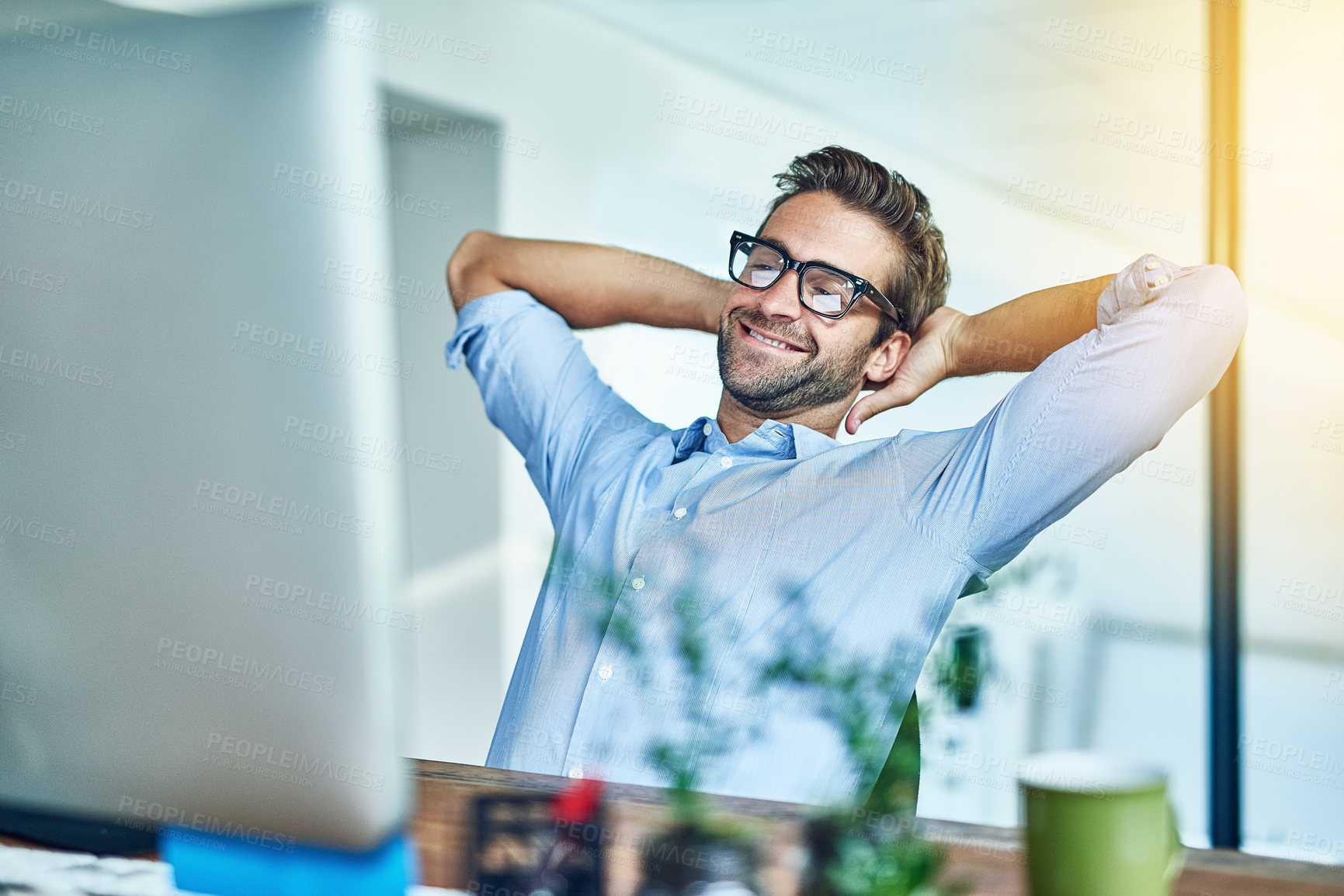 Buy stock photo Man, office and break with smile at desk with relax or happy at work with confidence at table. Journalist, writer and computer with email for connection with pride in modern workplace with glasses