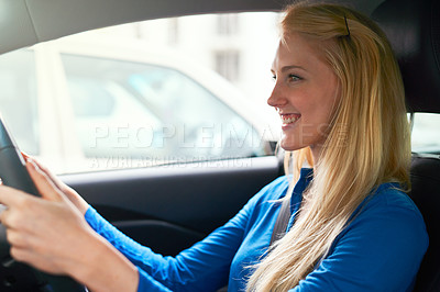 Buy stock photo Happy, woman and driving car for travel, journey and transportation. Profile, smile and female person in vehicle, automobile and motor transport driver for traveling, road trip drive and moving.