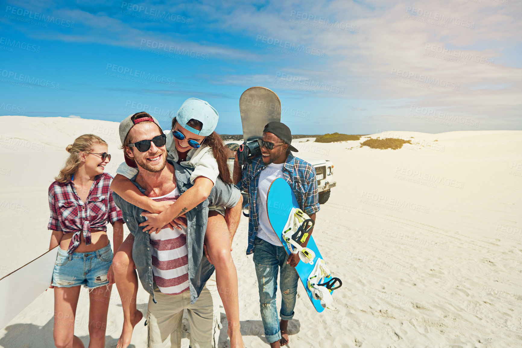 Buy stock photo Hobby, sand board and space with friends outdoor on dunes for adventure activity or extreme sports. Happy, travel and vacation with group of sandboarding people in nature for bonding, holiday or trip