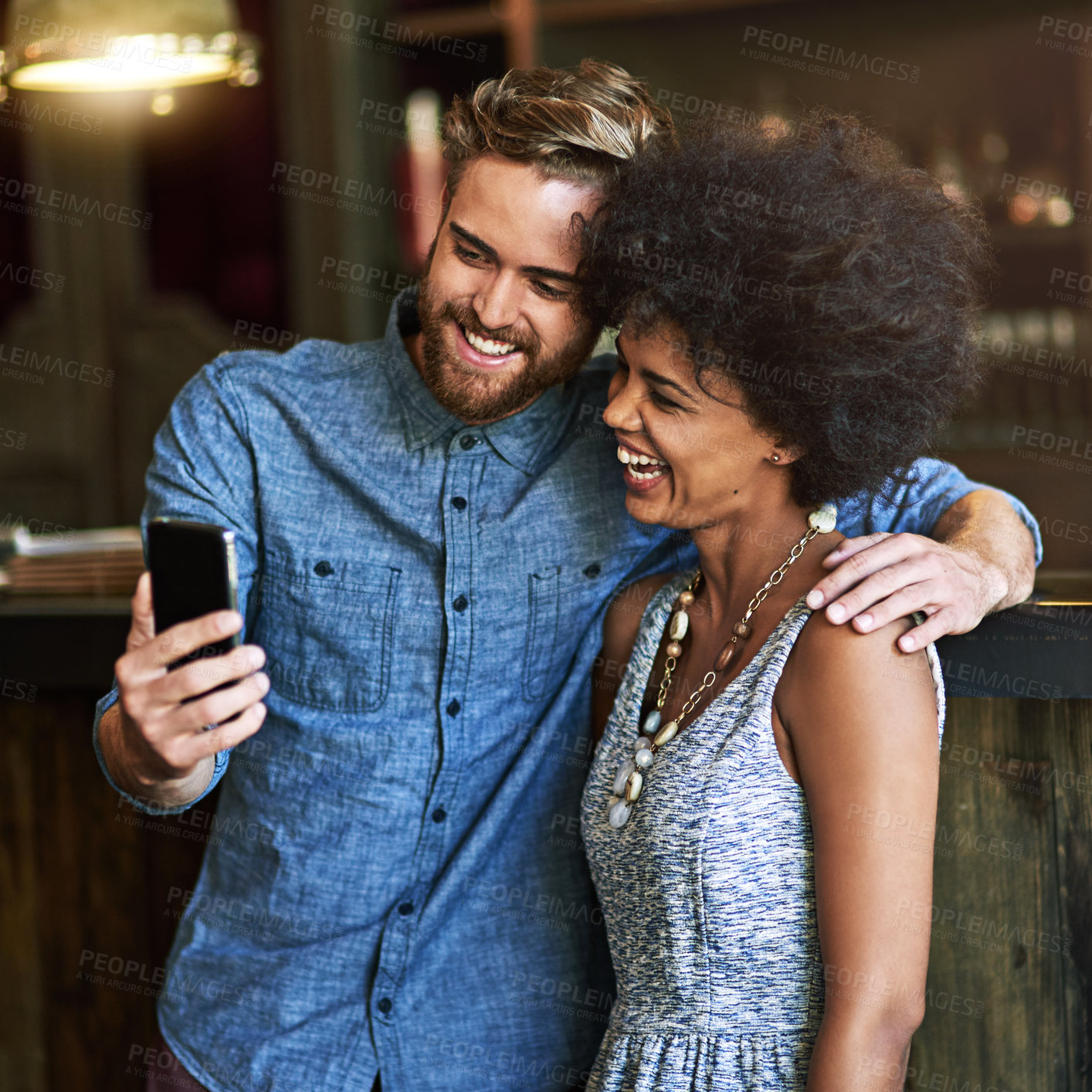 Buy stock photo Hug, love or selfie with couple in restaurant together for dating, memory or profile picture. App, photograph or smile of man and woman embracing in cafe or coffee shop for bonding and romance