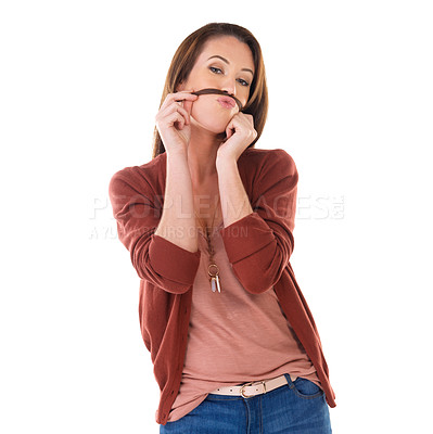 Buy stock photo Portrait, funny woman and mustache hair in studio for pouting or joke isolated on a white background mockup. Lips, fake and comic female person, goofy or crazy model in casual clothes for fashion