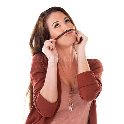 Buy stock photo Hair, funny woman and mustache on lips in studio for pouting or comedy isolated on a white background. Face, fake hairstyle and comic female person, goofy or crazy model in casual clothes for fashion