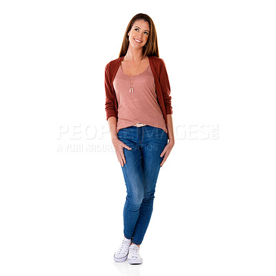 Buy stock photo Woman, thinking and smiling in studio for fashion, idea and style with happiness. Female person, vision and confidence for clothes, cool and trendy on isolated white background with mockup space