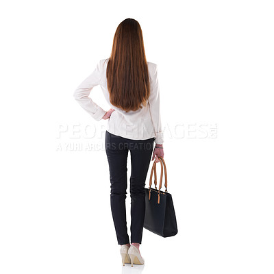 Buy stock photo Studio, business woman and back view for fashion, formal clothes and mockup space. Female person, career and consultant with handbag or backdrop, confidence and stylish outfit on white background