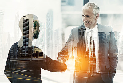Buy stock photo Overlay, partnership and business men shaking hands in agreement in the city for corporate success. Double exposure meeting, flare and handshake for welcome, thank you or collaboration in an office
