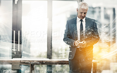 Buy stock photo Multiple exposure shot of a businessman using a cellphone superimposed on a cityscape