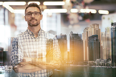 Buy stock photo Business man, double exposure and arms crossed by cityscape in portrait with confidence, career or overlay at job. Businessman, holographic city and metro buildings in workplace with entrepreneurship