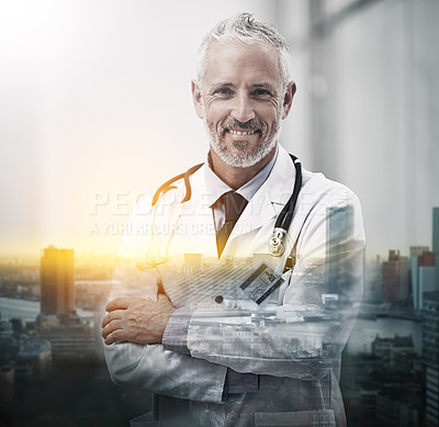 Buy stock photo Multiple exposure shot of a mature doctor superimposed on a cityscape