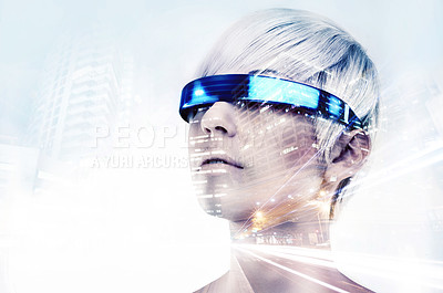 Buy stock photo Multiple exposure shot of a young woman with VR glasses superimposed on a city at night