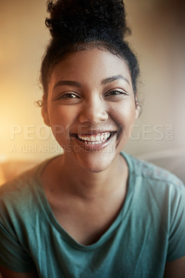 Buy stock photo Cropped portrait of a young female student studying at home
